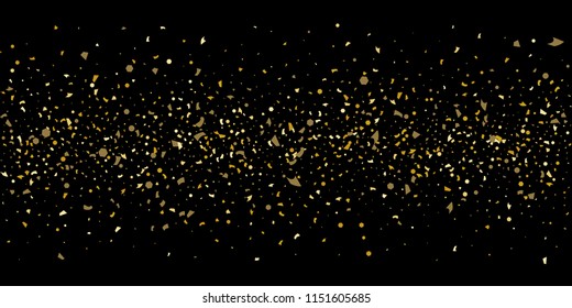 Glitter of golden particles of confetti on a black background. Illustration of chaotically falling shiny particles. Decorative element. Luxury background for your design, cards, invitations, gift, vip