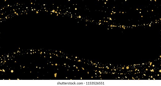 Glitter of golden particles of confetti on a black background. Illustration of chaotically falling shiny particles. Decorative element. Luxury background for your design, cards, invitations, gift, vip