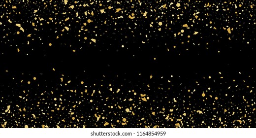 Glitter of golden particles of confetti on a black background. Illustration of chaotically falling shiny particles. Decorative element. Luxury background for your design, cards, invitations, gift, vip