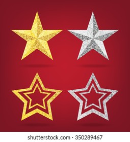 Glitter golden and siverChristmas Star  on red background