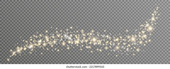 Glitter golden star and light wave. Christmas Holiday banner with glow particle. Sparkle gold bokeh. Luxury background. Magic star effect. Festive party. Twinkle flash. Fairy bulb.Vector illustration.