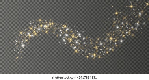 Glitter golden star and light wave. Christmas Holiday banner with glow particle. Sparkle gold bokeh. Luxury background. Magic star effect. Festive party. Twinkle flash. Fairy bulb. Vector illustration