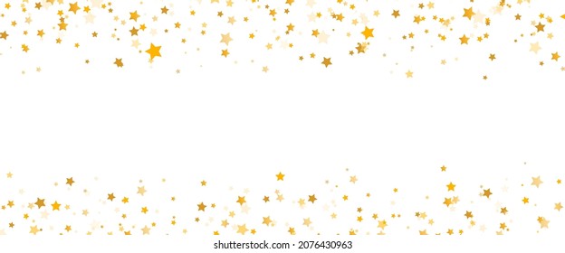 Glitter golden stars frame on white background. Luxury elegant design elements. Gold shooting stars border. Magic confetti decoration. Christmas texture. Vector illustration.
