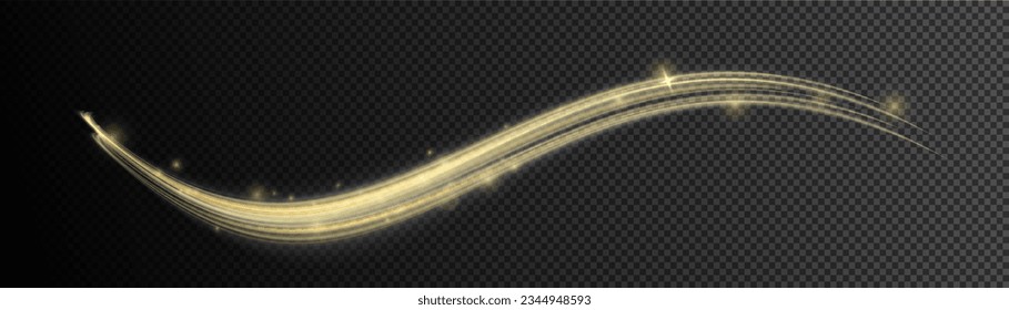 Glitter golden swirl on transparent background. Abstract speed motion vector effect. Shiny wavy trail. Glowing shiny spiral lines abstract speed of light and shiny wavy trail. Twist light line yellow.