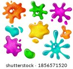 Glitter goo splash. Pink and blue slime sparkles. Realistic 3d glossy green gooey drops and blots. Kids toy dripping slimes vector set. Watercolour stain, blotch sketch watercolor colored illustration