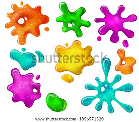 Glitter goo splash. Pink and blue slime sparkles. Realistic 3d glossy green gooey drops and blots. Kids toy dripping slimes vector set. Watercolour stain, blotch sketch watercolor colored illustration