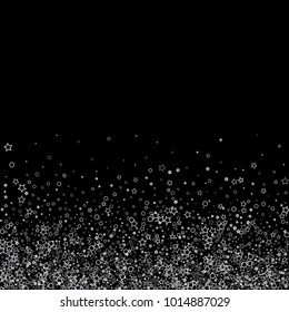 Glitter gray elements, Stars, sequins, rings, sprocket, circle confetti. Scattered little silver, random tinsel, falling on black background. New Year and Christmas background. Vector illustration.