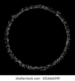 Glitter gray elements, Stars, sequins, rings, sprocket, circle confetti. Scattered little silver, random tinsel, falling on black background. New Year and Christmas background. Vector illustration.