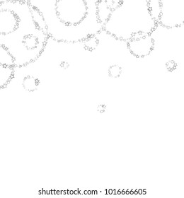 Glitter gray elements, Stars, sequins, rings, sprocket, circle confetti. Scattered little silver, random tinsel, falling on white background. New Year and Christmas background. Vector illustration.