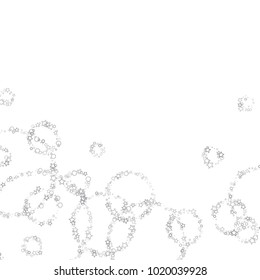 Glitter gray elements, Stars, sequins, rings, sprocket, circle confetti. Scattered little silver, random tinsel, falling on white background. New Year and Christmas background. Vector illustration.
