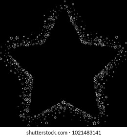 Glitter gray elements, Stars, sequins, rings, sprocket, circle confetti. Scattered little silver, random tinsel, falling on black background. New Year and Christmas background. Vector illustration.