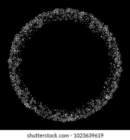 Glitter gray elements, Stars, sequins, rings, sprocket, circle confetti. Scattered little silver, random tinsel, falling on black background. New Year and Christmas background. Vector illustration.