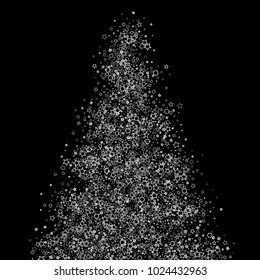 Glitter gray elements, Stars, sequins, rings, sprocket, circle confetti. Scattered little silver, random tinsel, falling on black background. New Year and Christmas background. Vector illustration.