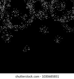Glitter gray elements, Stars, sequins, rings, sprocket, circle confetti. Scattered little silver, random tinsel, falling on black background. New Year and Christmas background. Vector illustration.