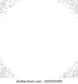 Glitter gray elements, Stars, sequins, rings, sprocket, circle confetti. Scattered little silver, random tinsel, falling on white background. New Year and Christmas background. Vector illustration.