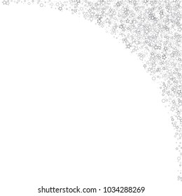 Glitter gray elements, Stars, sequins, rings, sprocket, circle confetti. Scattered little silver, random tinsel, falling on white background. New Year and Christmas background. Vector illustration.