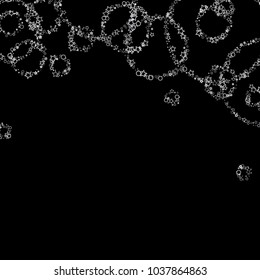 Glitter gray elements, Stars, sequins, rings, sprocket, circle confetti. Scattered little silver, random tinsel, falling on black background. New Year and Christmas background. Vector illustration.