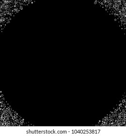 Glitter gray elements, Stars, sequins, rings, sprocket, circle confetti. Scattered little silver, random tinsel, falling on black background. New Year and Christmas background. Vector illustration.