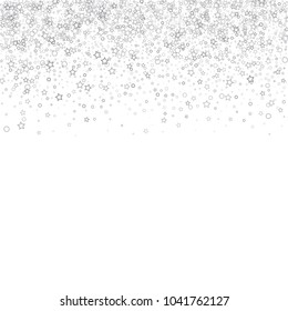 Glitter gray elements, Stars, sequins, rings, sprocket, circle confetti. Scattered little silver, random tinsel, falling on black background. New Year and Christmas background. Vector illustration.