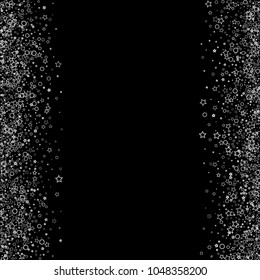 Glitter gray elements, Stars, sequins, rings, sprocket, circle confetti. Scattered little silver, random tinsel, falling on black background. New Year and Christmas background. Vector illustration.