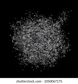 Glitter gray elements, Stars, sequins, rings, sprocket, circle confetti. Scattered little silver, random tinsel, falling on black background. New Year and Christmas background. Vector illustration.