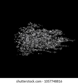 Glitter gray elements, Stars, sequins, rings, sprocket, circle confetti. Scattered little silver, random tinsel, falling on black background. New Year and Christmas background. Vector illustration.