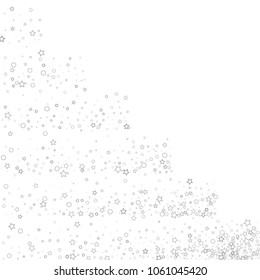Glitter gray elements, Stars, sequins, rings, sprocket, circle confetti. Scattered little silver, random tinsel, falling on white background. New Year and Christmas background. Vector illustration.