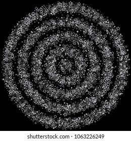 Glitter gray elements, Stars, sequins, rings, sprocket, circle confetti. Scattered little silver, random tinsel, falling on black background. New Year and Christmas background. Vector illustration.