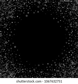 Glitter gray elements, Stars, sequins, rings, sprocket, circle confetti. Scattered little silver, random tinsel, falling on black background. New Year and Christmas background. Vector illustration.