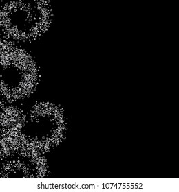 Glitter gray elements, Stars, sequins, rings, sprocket, circle confetti. Scattered little silver, random tinsel, falling on black background. New Year and Christmas background. Vector illustration.