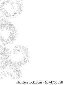 Glitter gray elements, Stars, sequins, rings, sprocket, circle confetti. Scattered little silver, random tinsel, falling on black background. New Year and Christmas background. Vector illustration.