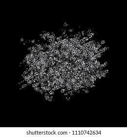 Glitter gray elements, Stars, sequins, rings, sprocket, circle confetti. Scattered little silver, random tinsel, falling on black background. New Year and Christmas background. Vector illustration.