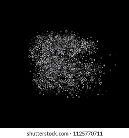Glitter gray elements, Stars, sequins, rings, sprocket, circle confetti. Scattered little silver, random tinsel, falling on black background. New Year and Christmas background. Vector illustration.