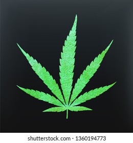 Glitter green cannabis leaf vector - metallic emerald paint foil silhuette of marijuana indica leaf on black background, green shiny medical weed sign