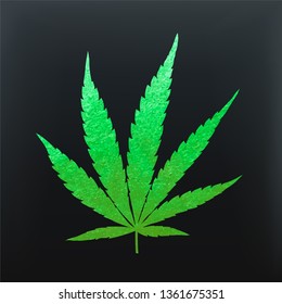 Glitter green cannabis leaf vector - metallic emerald paint foil silhuette of marijuana indica leaf on black background, green shiny medical weed sign
