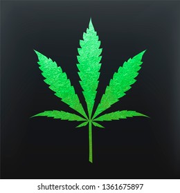 Glitter green cannabis leaf vector - metallic emerald paint foil silhuette of marijuana indica leaf on black background, green shiny medical weed sign