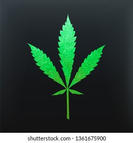Glitter green cannabis leaf vector - metallic emerald paint foil silhuette of marijuana ruderalis leaf on black background, green shiny medical weed sign