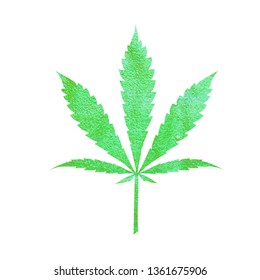 Glitter green cannabis leaf vector - metallic emerald paint foil silhuette of marijuana indica leaf on white background, green shiny medical weed sign