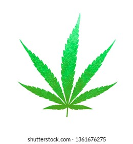 Glitter green cannabis leaf vector - metallic emerald paint foil silhuette of marijuana indica leaf on white background, green shiny medical weed sign