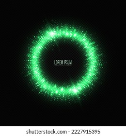 Anillo de círculo verde brillante con partículas brillantes. Lujoso círculo brillante. Marco de círculo brillante con efecto luminoso.