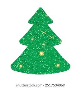 Glitter green vector fir tree.  Gold green  icon fir tree. Glittery illustration. Fir tree silhouette.