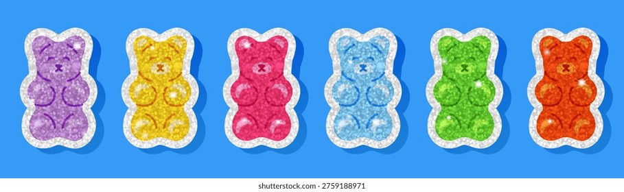 Glitter gummy bear sticker set on blue background with purple, yellow, pink, blue, green and orange candy bears. Bright shiny sweet illustration with sparkling texture and white outline details.