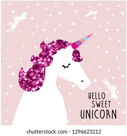 glitter hair unicorn star galaxy black text girl tee illustration art vector 