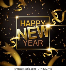 Glitter happy new year design, gold ribbon, abstract glitter light spot isolated on black background.