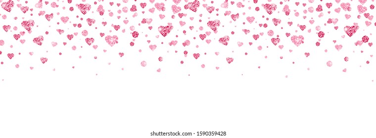 Glitter heart confetti border. Bright pink confetti falling on transparent background. Valentines Day banner for greeting cards, wedding invitation, gift packages. Vector illustration.