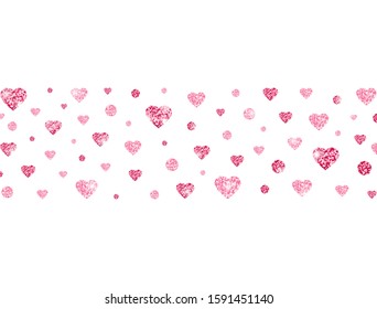 Glitter heart confetti border. Bright pink confetti on transparent background. Valentines Day banner for greeting cards, wedding invitation, gift packages. Vector illustration.