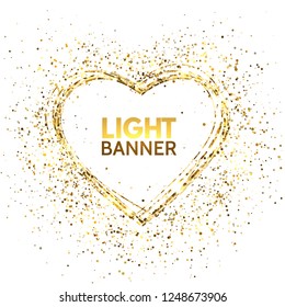 Glitter heart frame with space for text. Golden star dust and sparkles isolated on white background. Happy Valentines Day card. Festive design for mothers day, wedding invitations. Vector illustration