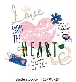 glitter heart love text line jean patch crown shine pretty flower bird animal girl tee illustration art vector