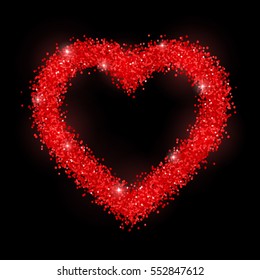 Glitter heart red frame on black background. Vector