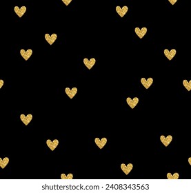 Glitter heart repeat pattern on black background. Great for wallpaper, web background, wrapping paper, fabric, packaging, greeting cards, invitations and more.